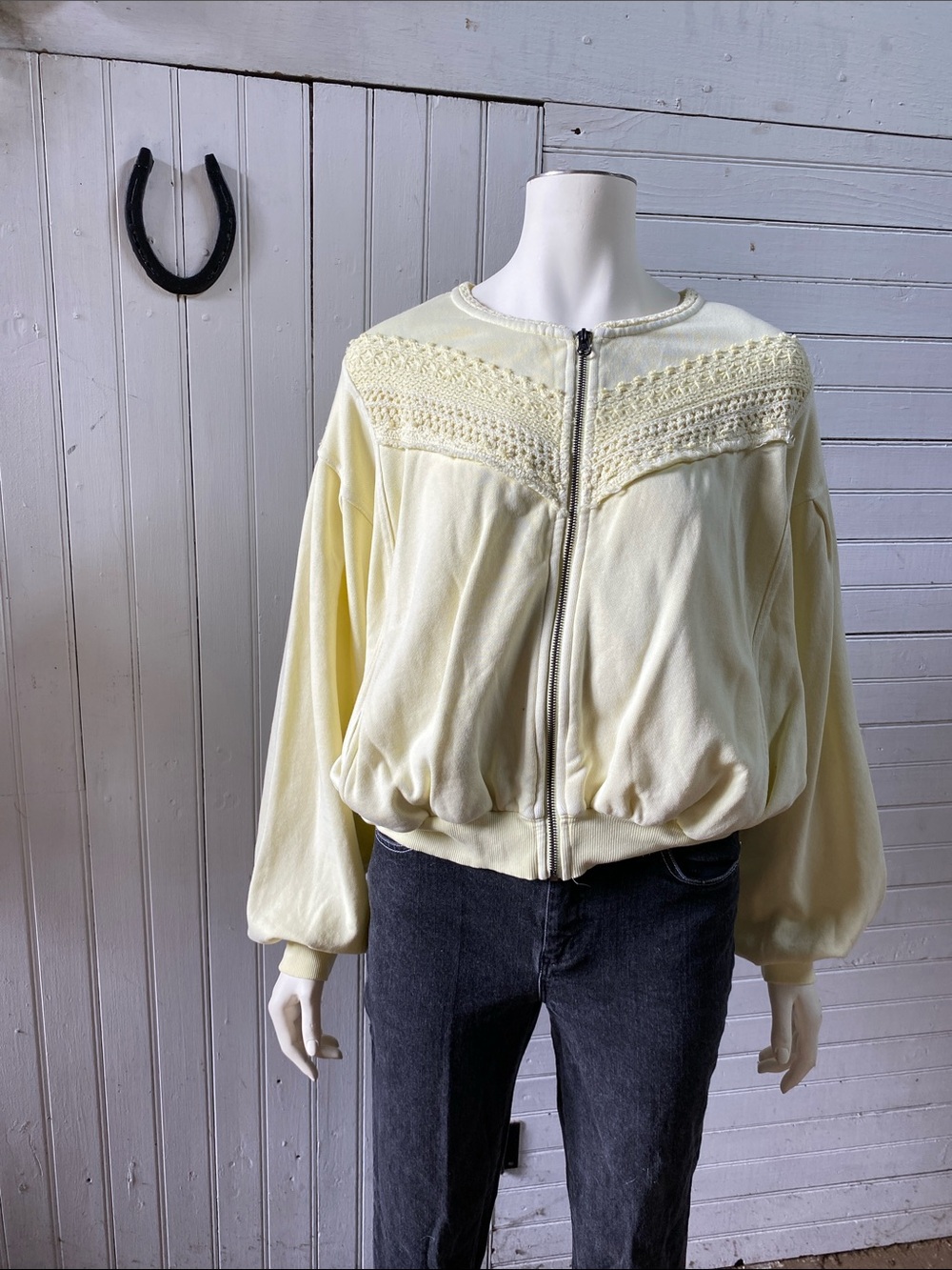 We The Free Light Cream Crochet Yoke Zip Bomber Jacket